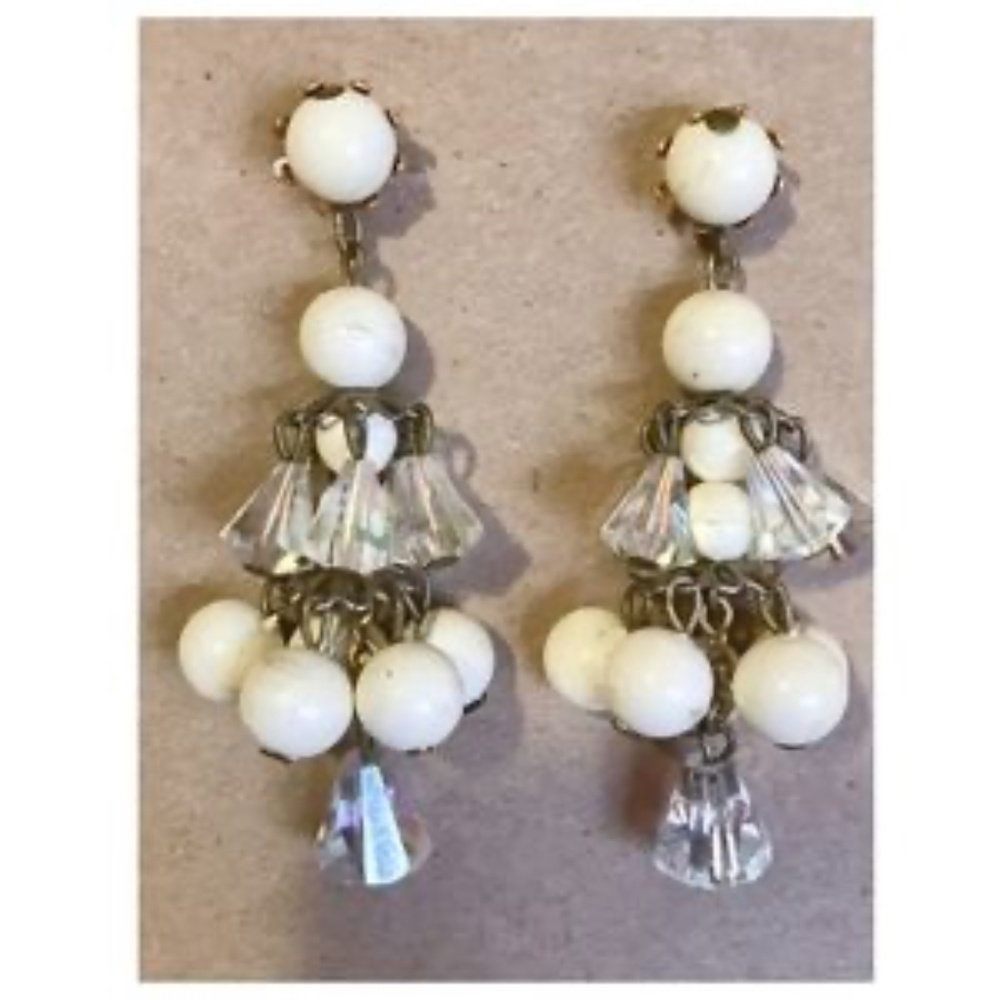 Vintage Chandelier White Crystal Clip Earrings